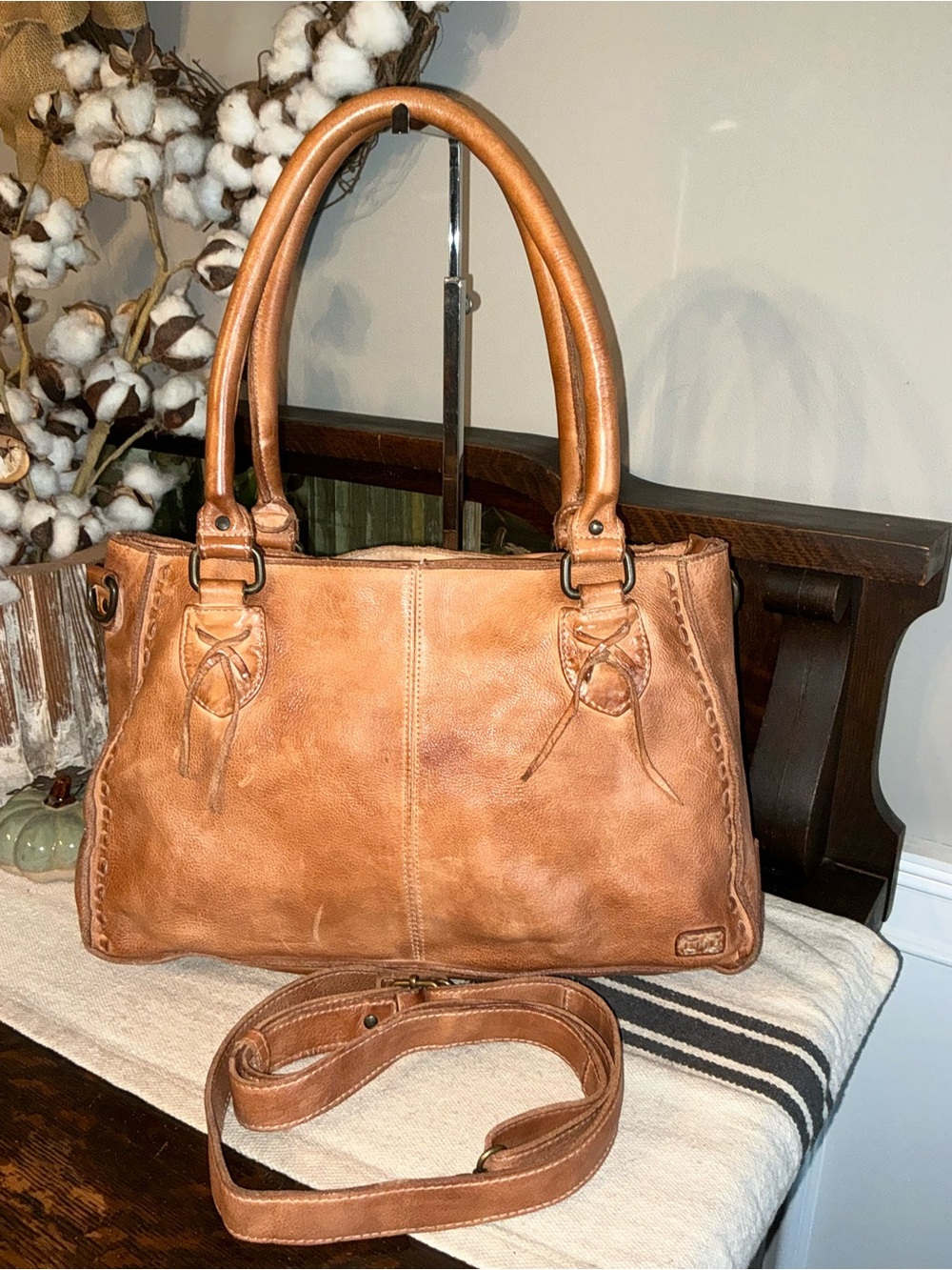 Bed Stu Rockababy Leather Satchel Crossbody Shoulder Bag Tan Rustic MSRP $295